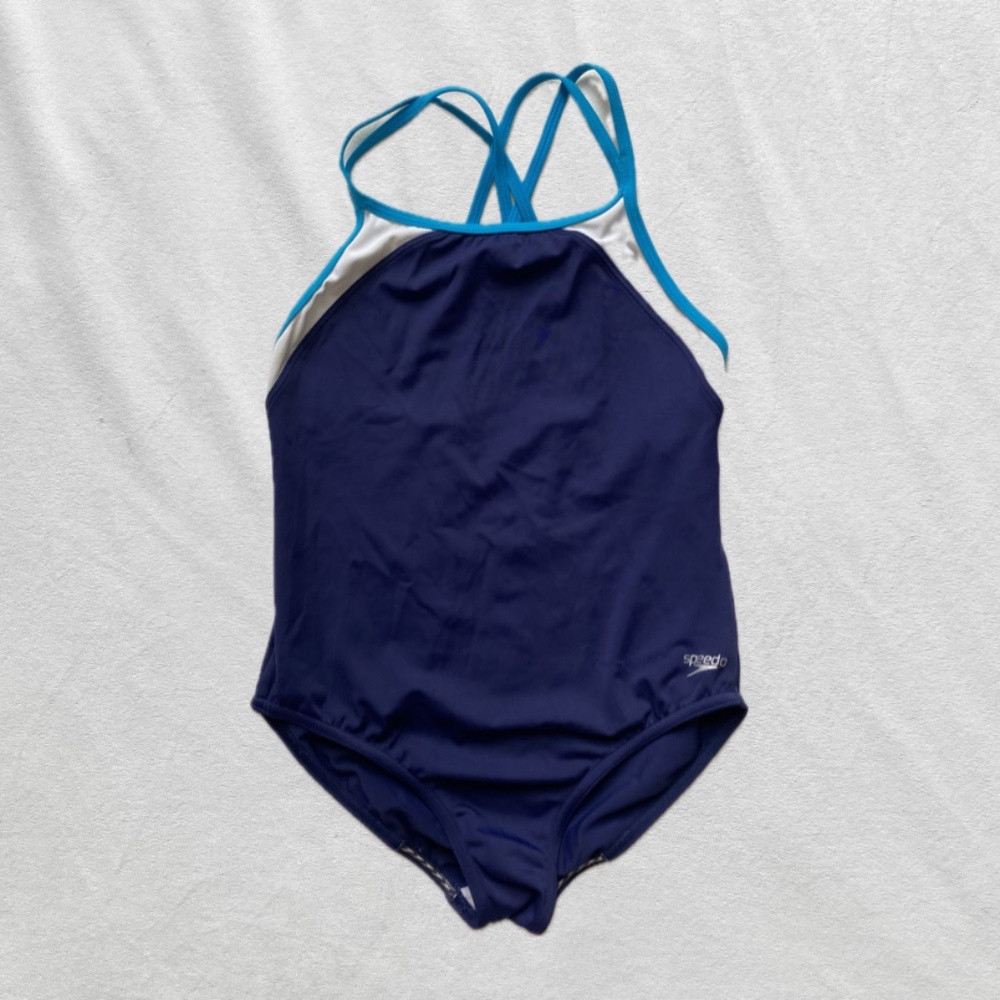 Navy blue white and bright blue Speedo girls one piece